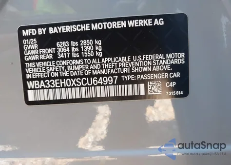 2025 BMW 740I xDrive из США, поврежденный, VIN WBA33EH0XSCU64997